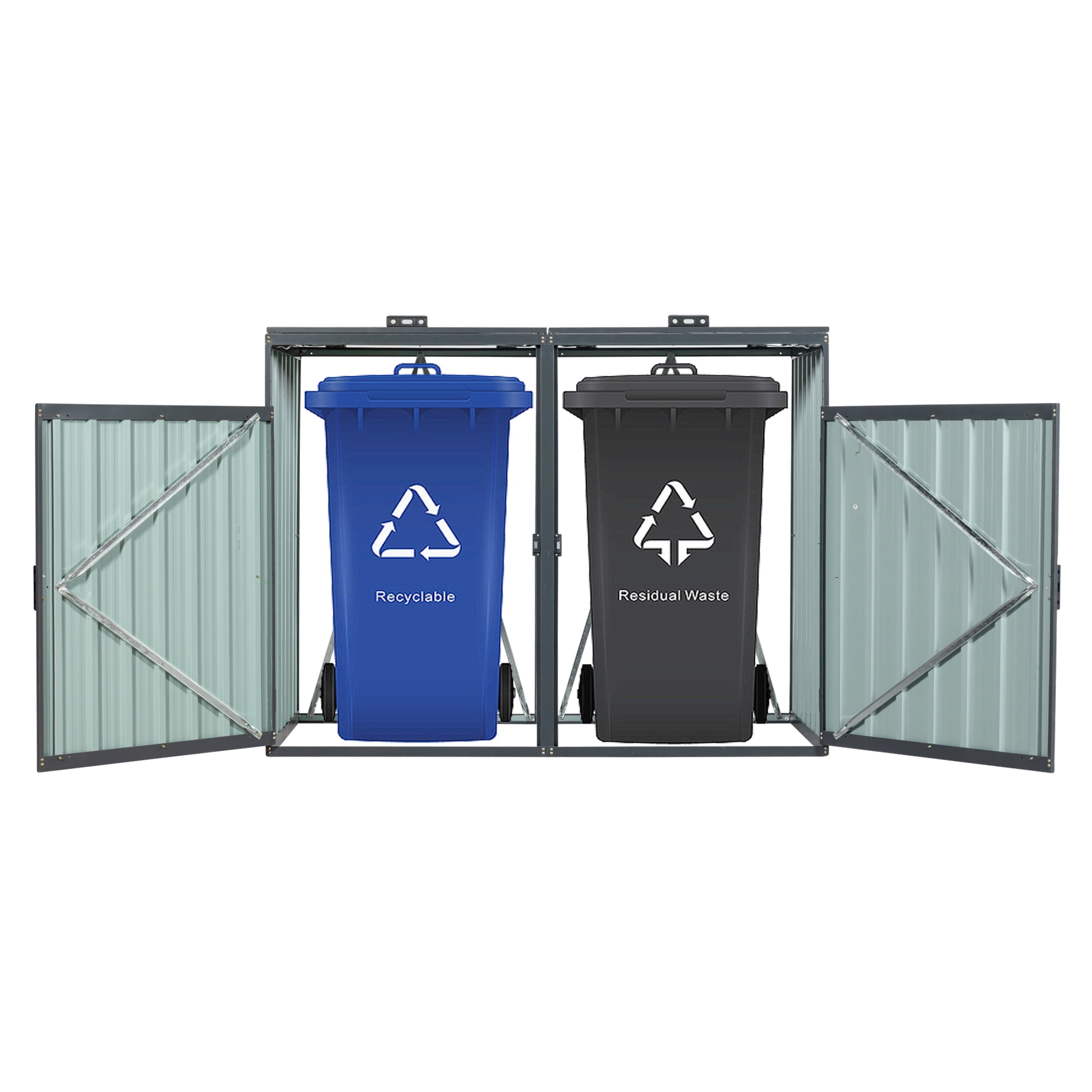 Outdoor Metal Garbage Bin Shed, Lockable Waterproof Storage Shed for 2 Trash Cans, Patio Waste Enclosure