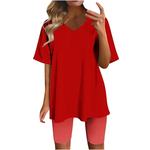 Blusas para las Mujeres Casual Impreso Cuello en V Manga Corta Blusa Pantalones Cortos, Conjuntos de Ropa para las Mujeres
