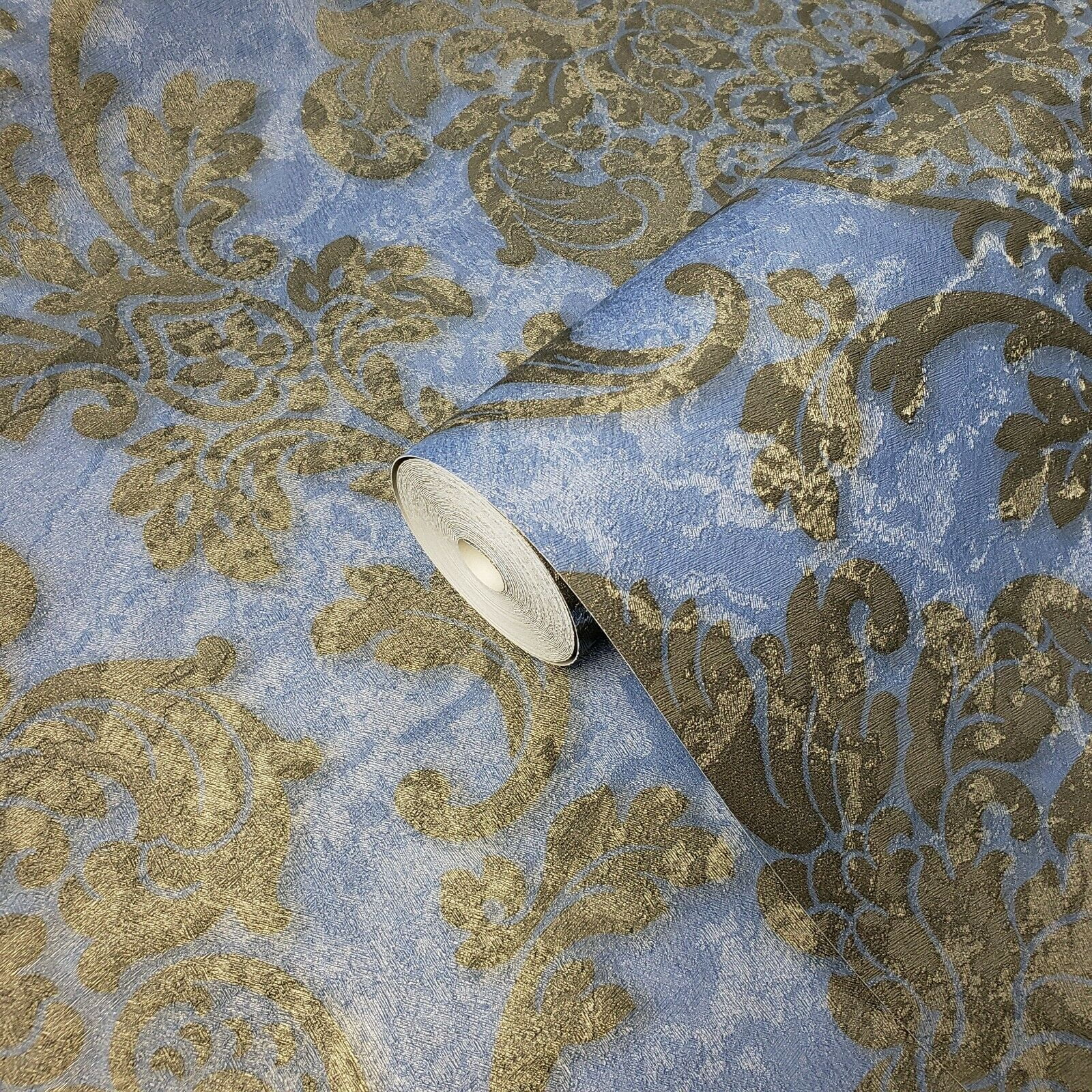 Wallpaper blue gold brass Metallic Textured Victorian vintage rustic Damask roll