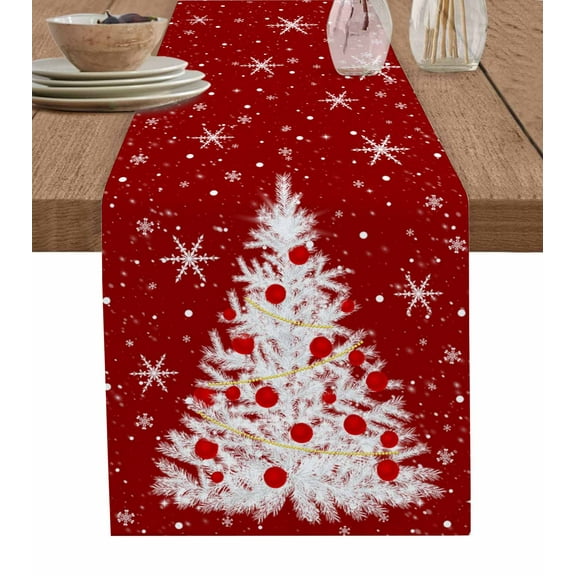 Table Runner 72 Inches Long for Kitchen Dining, Red Christmas Tree Dresser Scarf Farmhouse, Dining Table Decorations for Wedding/Parties, Winter Balls Snowflake Xmas Tree 14 x 72 In