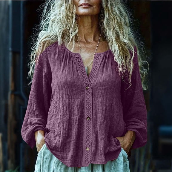 HOMBOM Tops for Women Shirts Summer Purple Solid Long Sleeve Cotton Linen Womens T Shirts Button V Neck