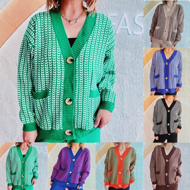 Hot6sl Womens Knitted Contrasting Cardigan Sweater V-neck Sweater