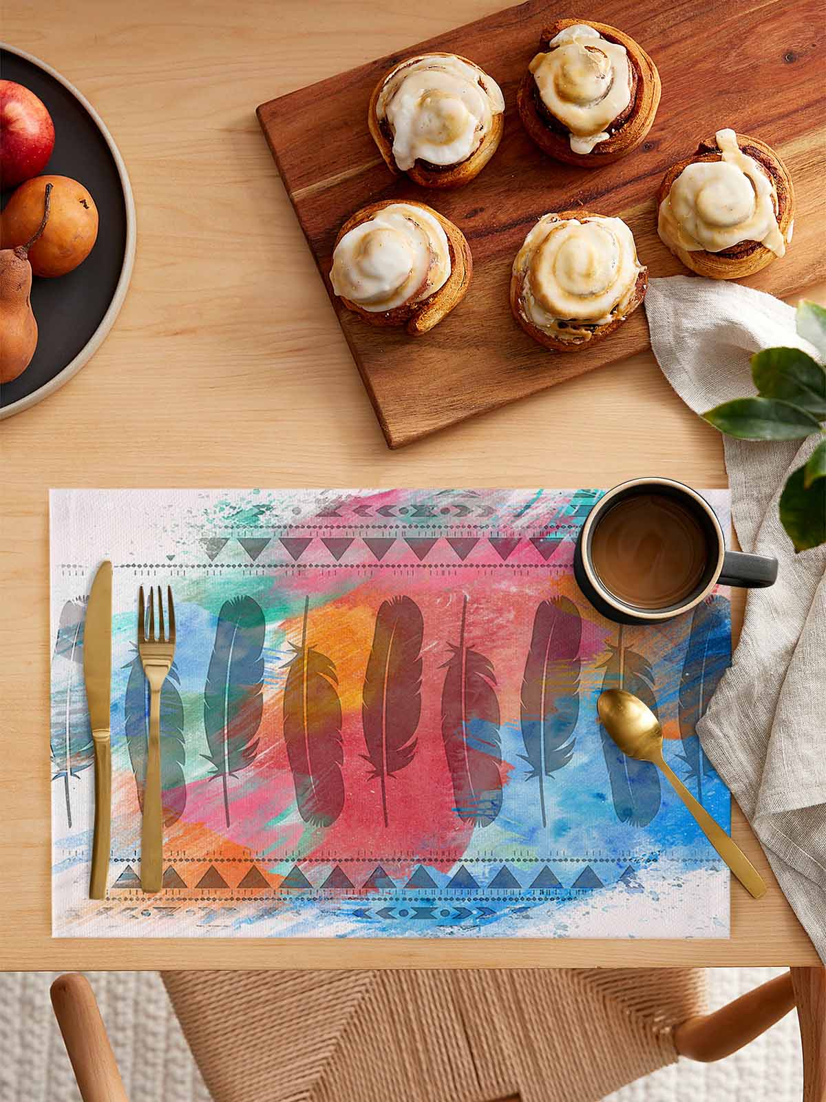 Medi-eval Feather, Placemats Set of 4, Bohemia Abstract Shabby Chic Art Placemats for Dining Table, Place Mats for Kitchen Tabletop, Waterproof Wipeable Dining Table Mats Set