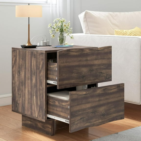 ANJ Dark Walnut Nightstand with Charging Station, 19" Wave Bedside Table with 2 Drawers, Rustic Wood End Table for Bedroom Small Spaces