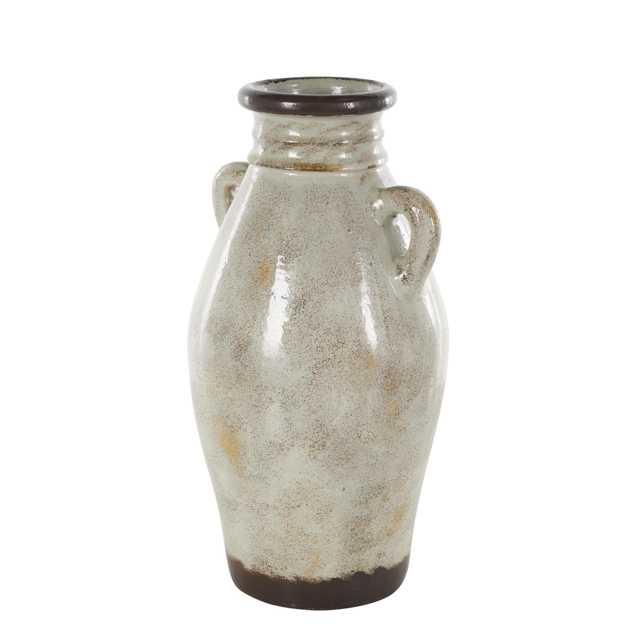 DecMode 18" Antique Amphora Cream Ceramic Vase with Speckled Texturing and Yellow and Brown Accents