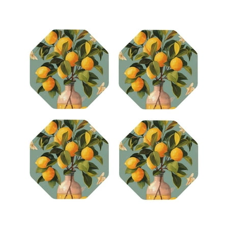 

Fuzoiu Retro Warm Lemon Flower Print Leather Coasters Set Drink Coasters Set of 4 for Tabletop Protection Durable PVC Coasters Home Décor and Housewarming Gift-Octagon