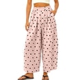 thumbnail image 2 of Zjunqe Women Polka Dot Summer Boho Cotton Linen Pants Wide Leg Barrel Pants Beach High Elastic Waist Casual Long Palazzo Trousers with Pockets Loose Fit Casual Summer Beach Vacation Pants Pink S, 2 of 6