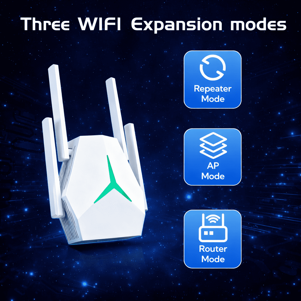 AC1200 Dual Band WiFi Range Extender - WiFi Booster with 4 External Antennas & MIMO Tech, 3 Modes (Repeater/AP/Router), Type-C Powered, Plug and Play Easy Setup for Home Office, White.