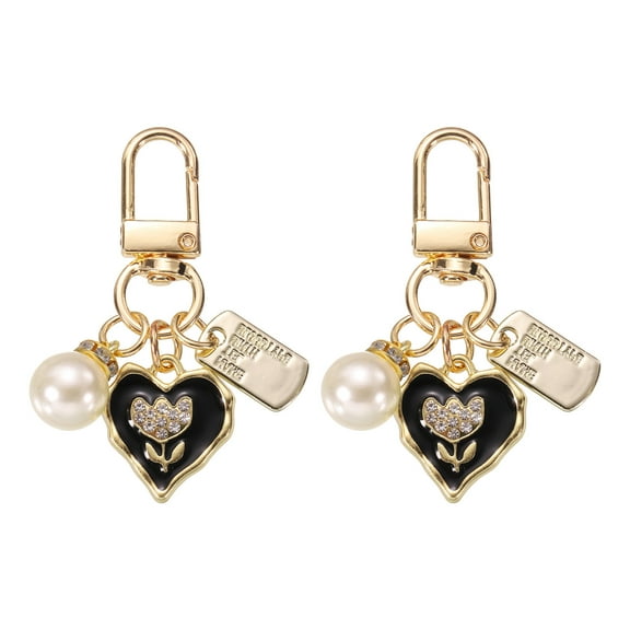 2Pcs Heart Keychain Charm for Women, Metal Cute Heart Tulips & Pearl Purse Bag Charm for Keyring (Black/White/Gold)
