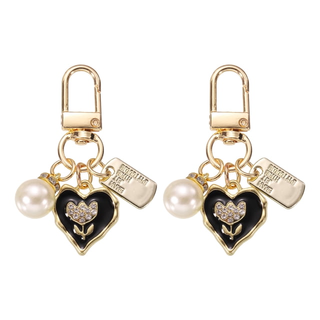 2 Piezas Llavero Corazón Encanto para Mujeres, Encanto de Bolsa de Metal con Corazones, Tulipanes y Perlas para Llavero (Negro/Blanco/Dorado)