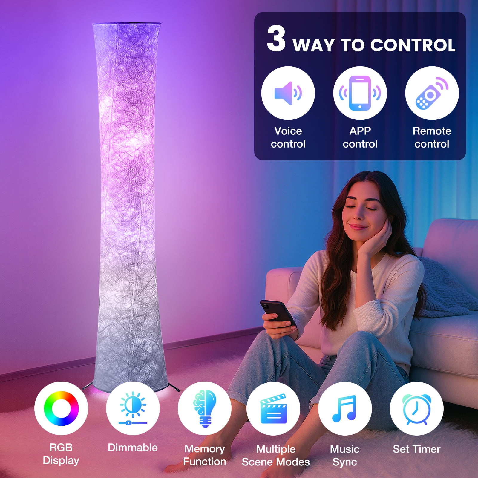 BLITZWILL Soft Light LED Floor Lamp RGB Color Changing 61'' Tall Corner Lamp ,Standing Lamp With Remote & Smart App Control, Music Sync, for Living Room Bedroom Game Room, Round