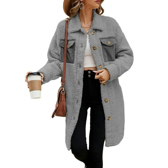 Women's Fashion Long Sleeve Lapel Button Long Plush Coat Faux Warm Winter Coat