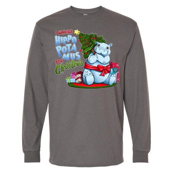 Inktastic I Wanna Hippopotamus for Christmas Cute Hippo Long Sleeve T-Shirt