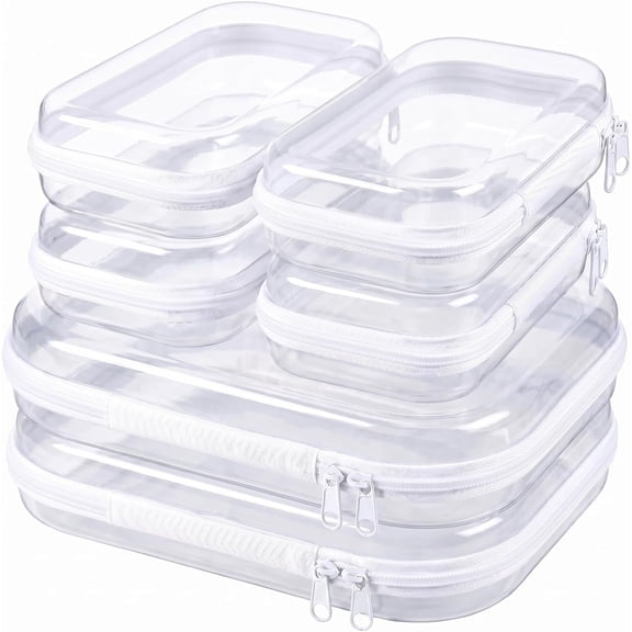 6 Pack Clear Hard Shell Zipper Case, 2 Sizes Plastic Organizer Pouch, Waterproof Crush Resistant Cosmetic Bag, Double Zippers Hard Pouch for Travel Toiletry Makeup Storage(2M 4S)