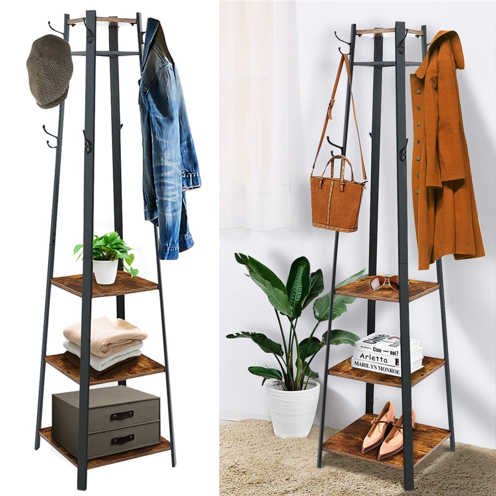 Hanging Up Free-Standing Coat Rack Metal Stand with 2 Shelves Vintage Hall Tree 