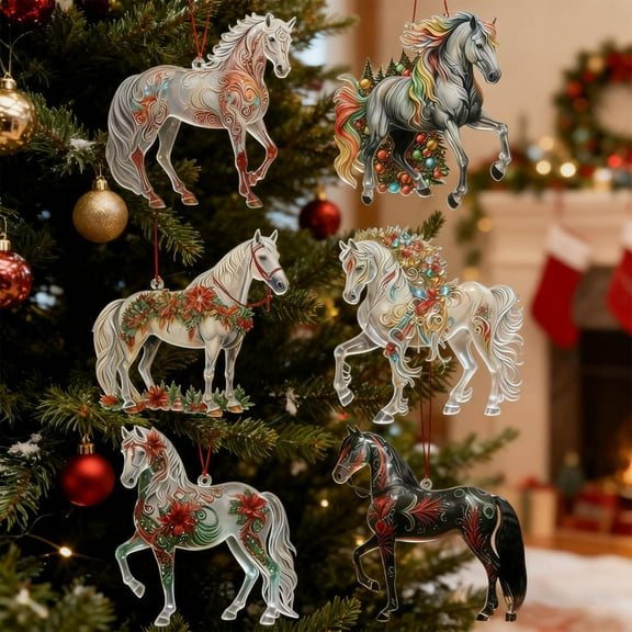 Feltree Set of 6 Vintage Christmas Horse Hanging Ornaments for Tree and Wall Decor Holiday Gift