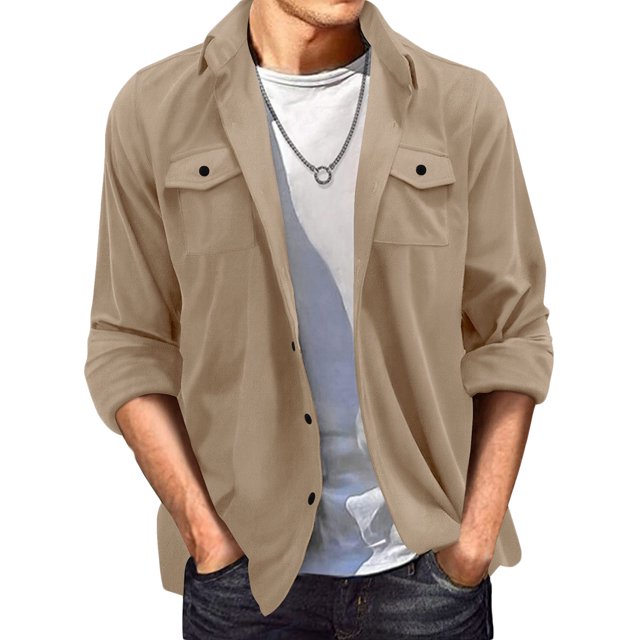Blusa y camisa de manga larga con cuello vuelto para hombre, de gamuza, con solapa, botones y bolsillo, informal, de manga larga, sin capucha, para hombre