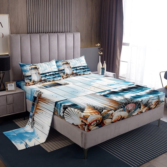 Erosebridal White Lighthouse Sheet Set Twin,Ocean Theme Bedding Sets Twin Size,Lodge Cabin Twin Sheet Sets,Ultra Soft Sea Bedroom Decoration,3pcs