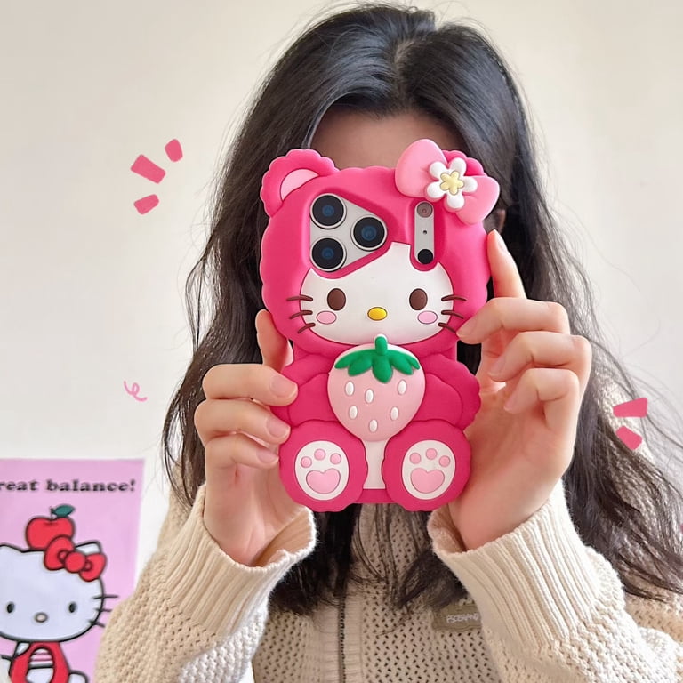 Cute 3D Pink Strawberry Hello Kitty Phone Case, Cartoon Silicone Protective  Cover for iPhone 17 Pro Max 16 Plus 13 14 15 Plus 16 Pro Max, Kawaii Flower  Bow Design for Women Girls - Walmart.com