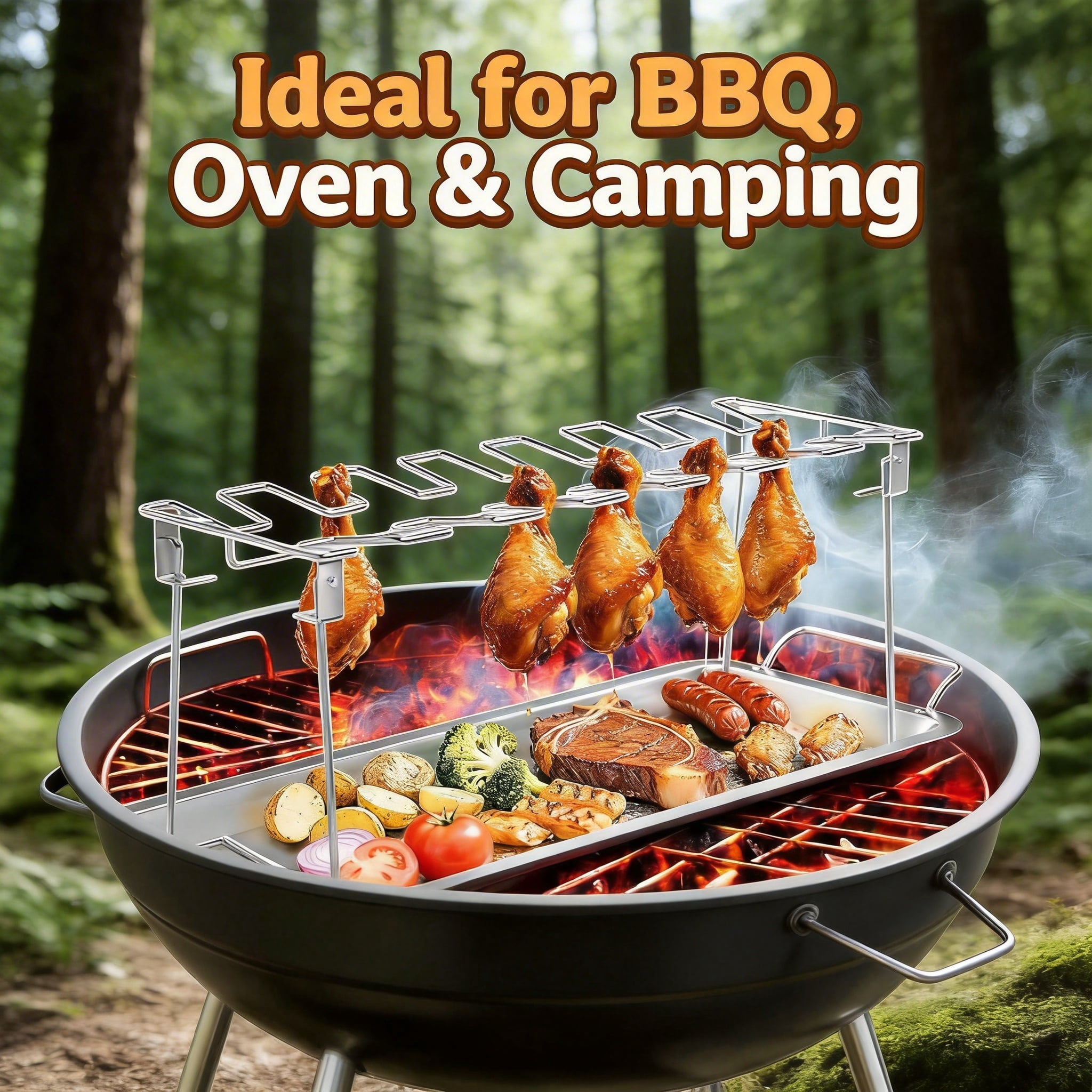 14-Slot Stainless Steel Chicken Leg and Wing Rack for Grill or Oven, Foldable Roasting Stand with Removable Drip Pan, Dishwasher Safe BBQ Tool for Camping and Parties