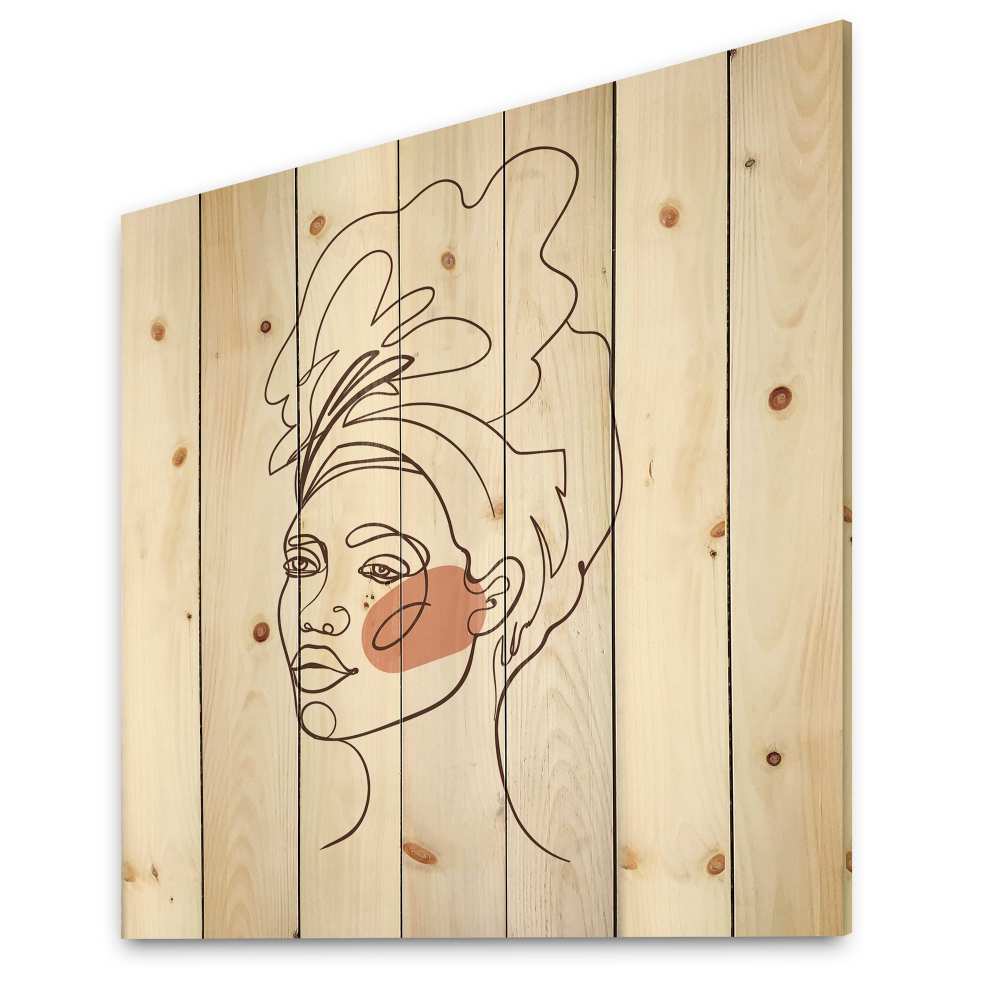 Designart 'One Line Portrait of Afro American Woman III' Modern Print on Natural Pine Wood