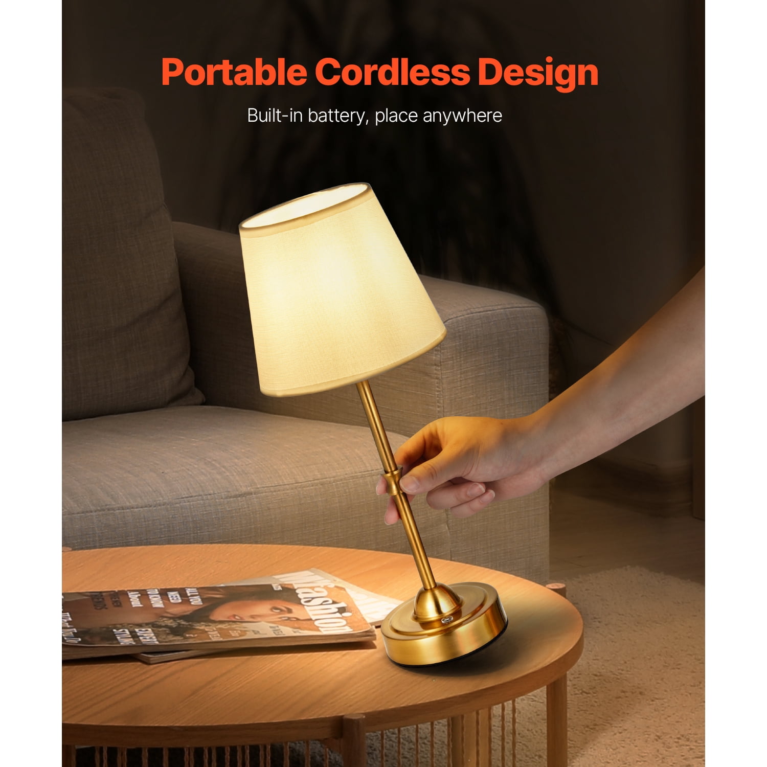 KFFKFF Cordless Table Lamp, 2-Pack, Rechargeable 5200mAh Battery, Adjustable 3-Level Brightness, Fabric Shade, 2700-3000K Warm Light, Ideal for Restaurants, Bedrooms, Bars, Gold Finish