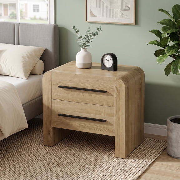 Fnova 2 Drawers Nightstand with Storage, 27.55" Modern Bedside Table with Curved Design and Metal Handles, Wooden End Table for Bedroom Living Room, Light Brown