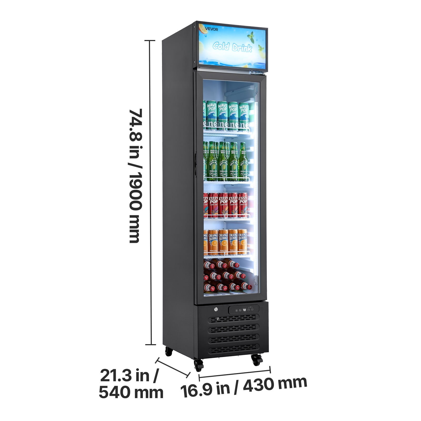 VEVOR Commercial Merchandiser Refrigerator, 7.5 Cu.Ft / 213 L Glass Door Display Refrigerator, Upright Beverage Cooler with Customizable Lightbox,4 Adjustable Shelves & Soft LED Light for Homes Shops