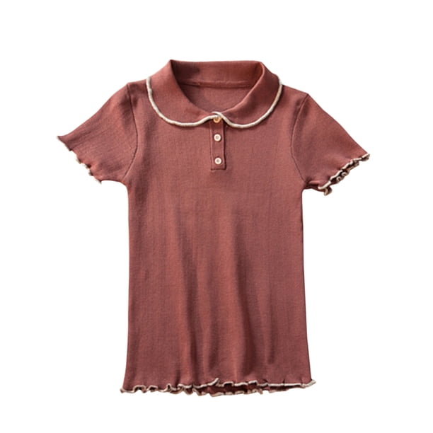 Camisa De Punto Mujer Verano Con Volantes Manga Corta Cuello De Muñeca Casual Top, Rojo Marrón Advancent AP001288-05B
