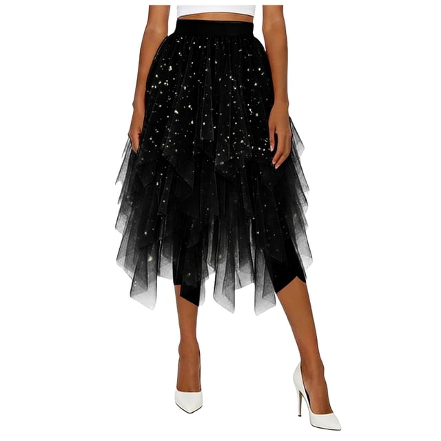 DAFEI Women Short Skirt Loose Sequin Skirt A-Line Fairy Patterned Elastic Waist Ruffle Layered Midi Skirt