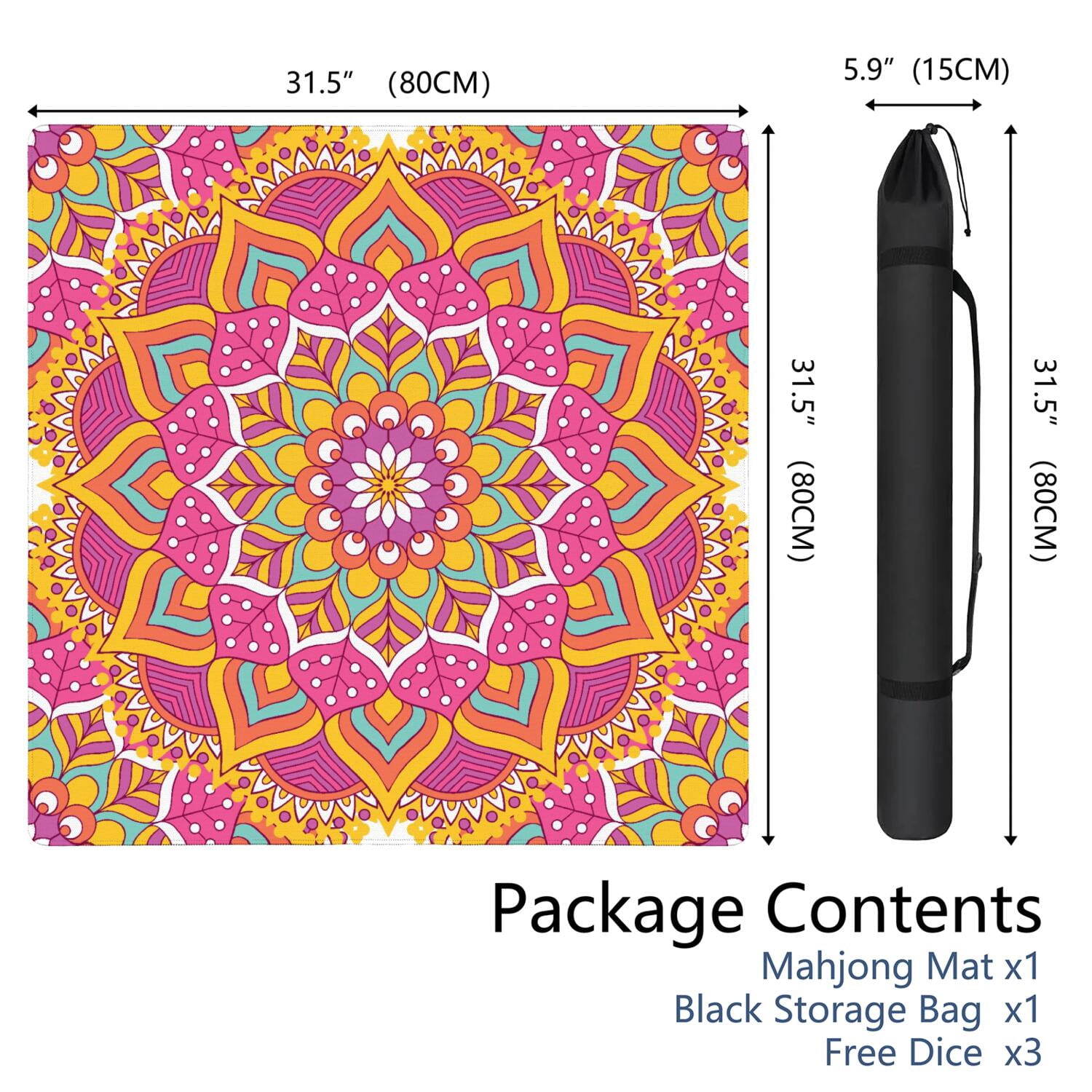 Mandala Mahjong Mat for Table, 31.5*31.5in Anti Slip American Mahjong Table Cloth, Noise Reduction, Neoprene Mah jongg Mat with Carrying Bag & 3 Dices, Mahjong Accessories Gift, Board Tile Games Mats