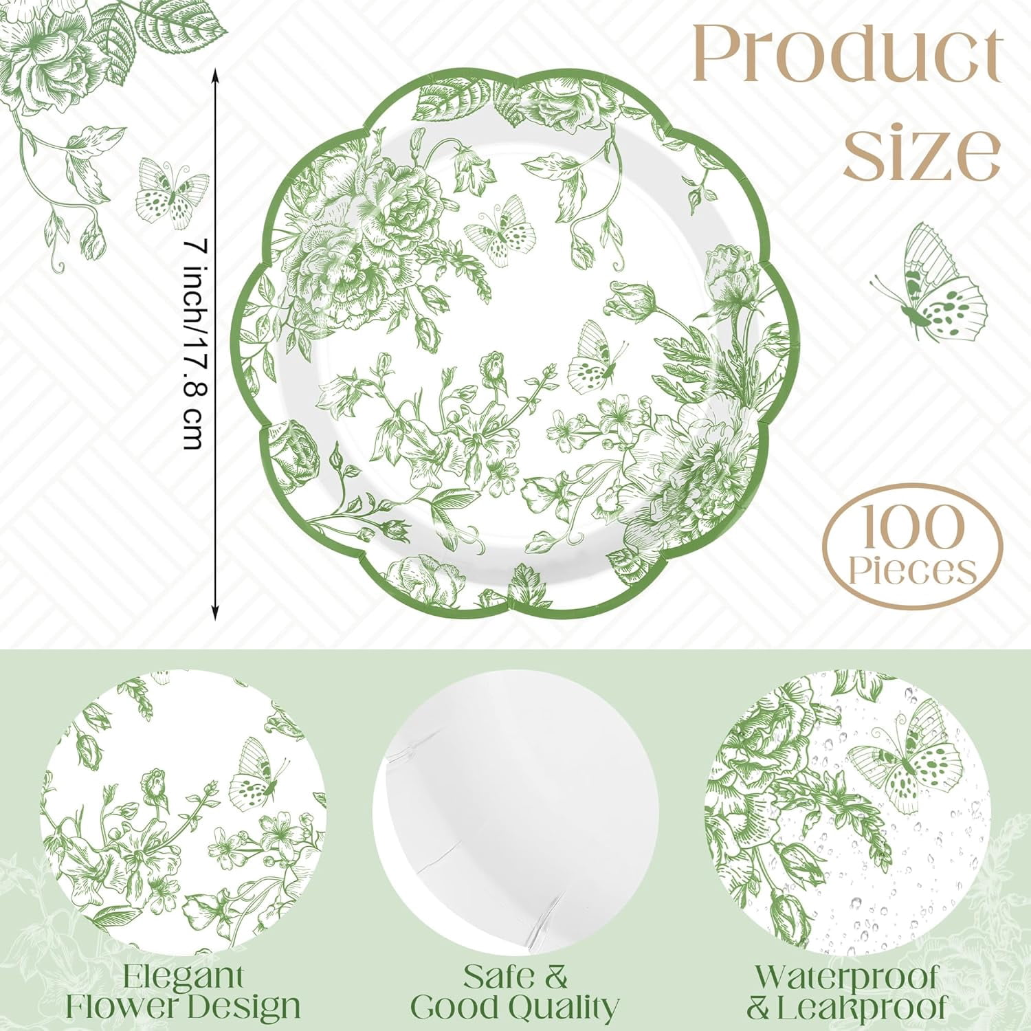 100 Pieces Sage Green Flower Paper Plates 7 Inches Disposable Floral Paper Plate Scalloped Sage Green Chinoiserie Vintage Flower Dessert Plates for Wedding Birthday Holiday Party Supplies