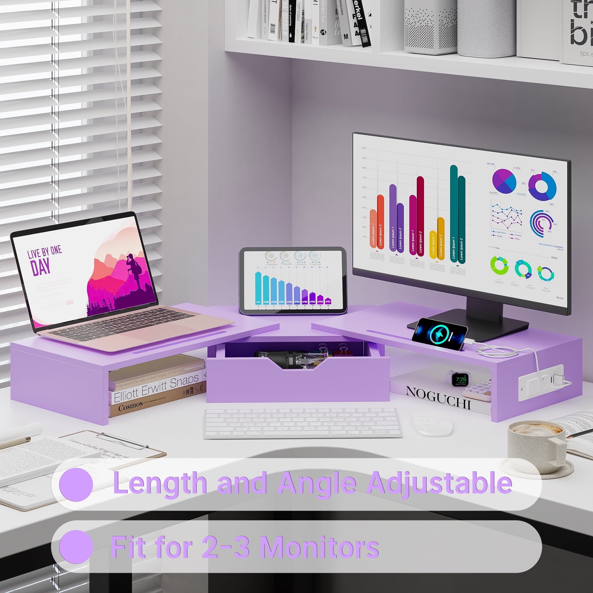 Yoneston Dual Monitor Stand Riser with Charger, Adjustable Length and Angle Desk Organizer with Drawer, Computer Monitor Stand with Phone Holder for PC, Laptop, Printer, Purple