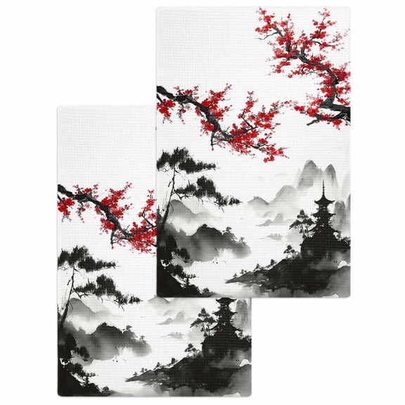 Chinese Mountain Kitchen Dish Towels for Drying Dishes Set of 2, Landscape Painting Red Plum Flowers Waffle Weave Microfiber Hand Tea Bathroom Towels Quick Dry & Absorbent Towel 15.7x23.6