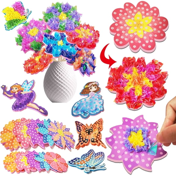 SkyMagic Poke-in Art Flower Bouquet Craft Kit – Mess-Free Sewing Art DIY Activity for Kids Ages 4-8, Creative Gifts for 4 5 6 7 8 9 Year Old Girls