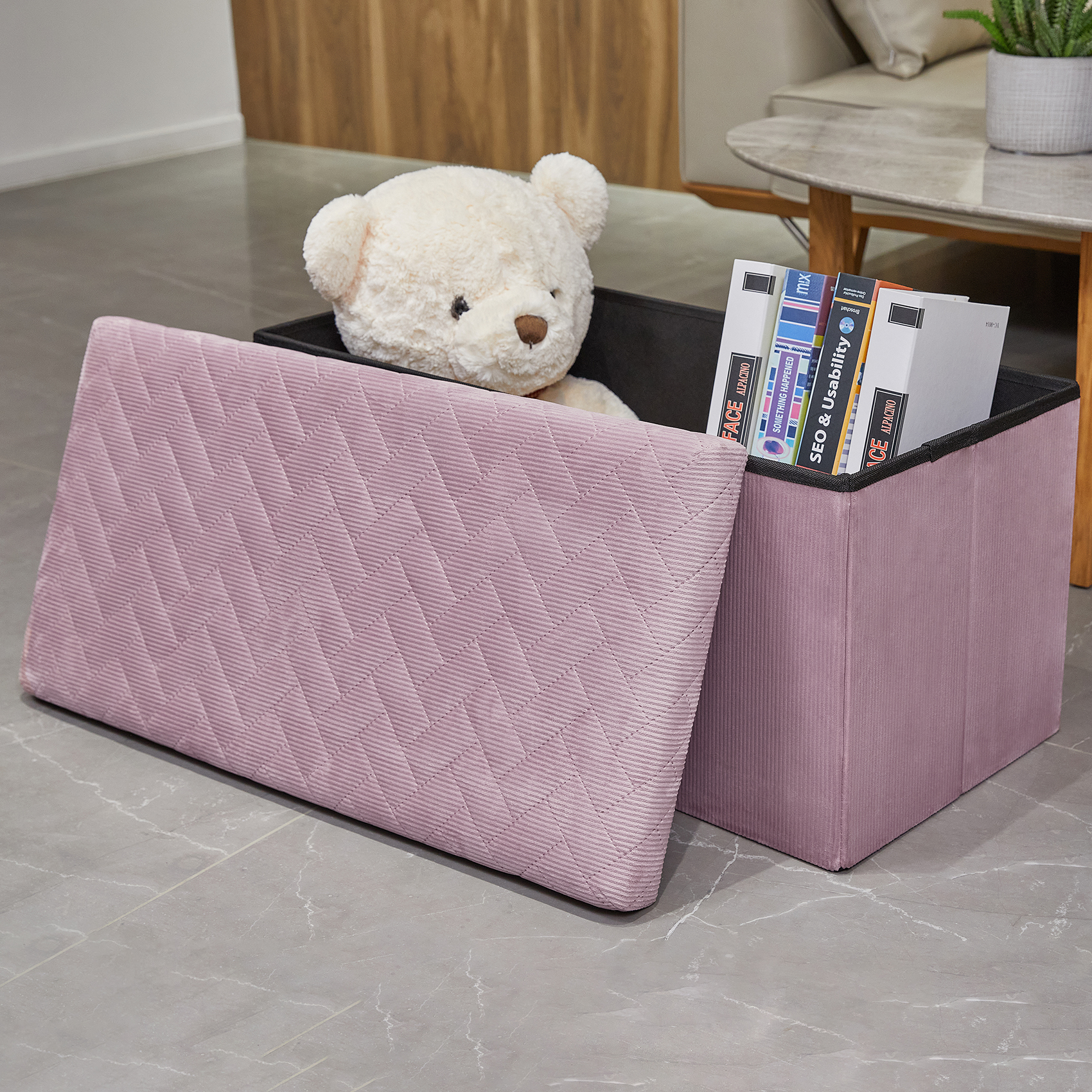 PINPLUS 30.1" Folding Pink Velvet  Storage Ottoman Bench with Lid for Living Room, Long Shoes Bench, Toys Chest Box, Foot Rest Stool Seat - image 3 of 7
