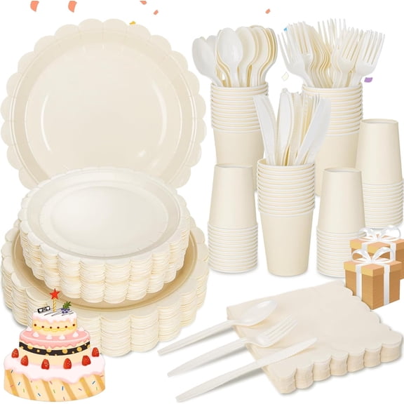 350 Pc All-in-One Ivory Party Pack for 50 Guests, Includes Scalloped Plates, Napkins, Cups, Forks, Knives & Spoons for Baby Shower & Birthday