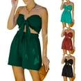 thumbnail image 4 of Honganda Women's Two-Piece Suit, Solid Color Sleeveless Off Shoulder Pleated Crop Tops + Elastic Waist Shorts, 4 of 9