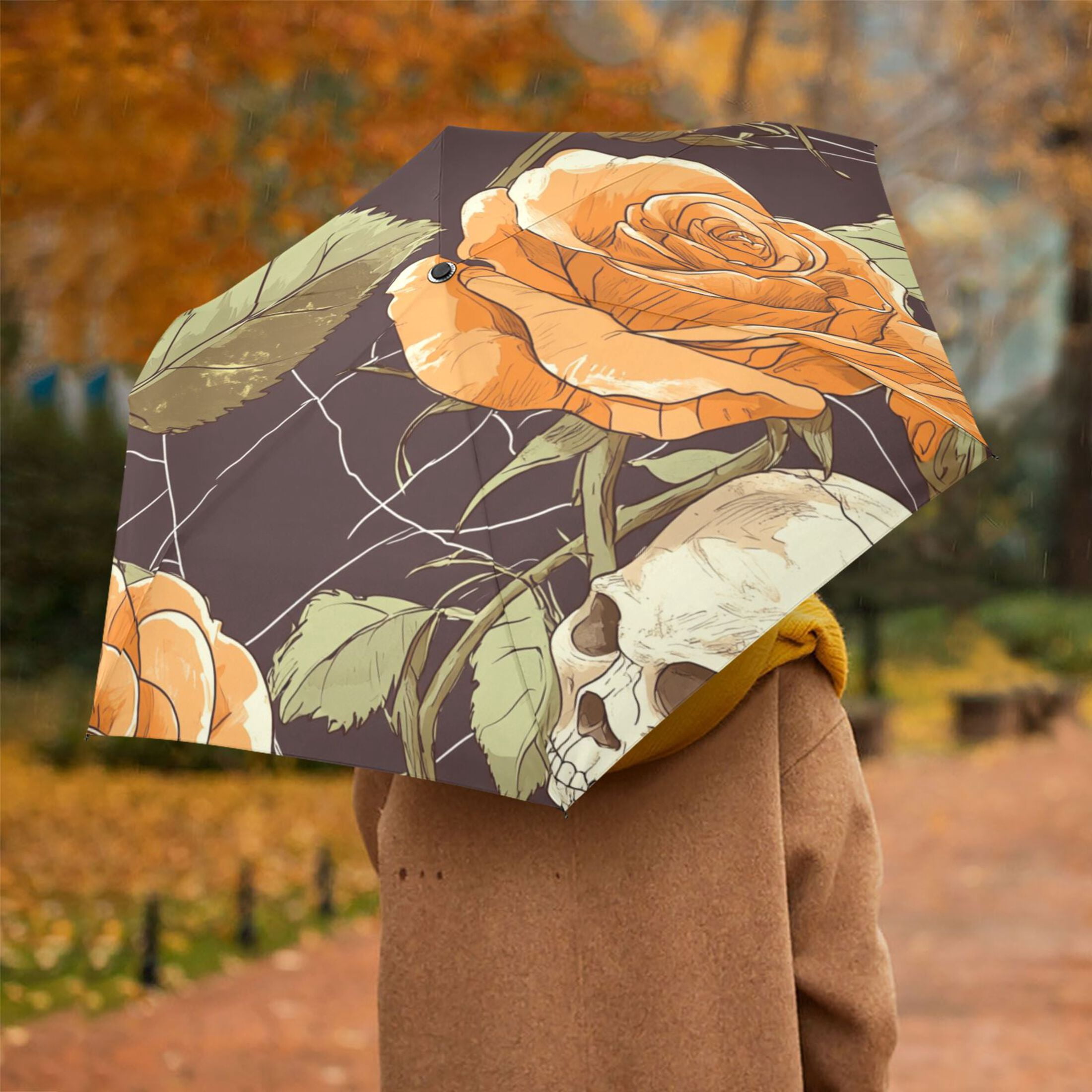 Rose and Skull Folding Umbrella UV50+ Waterproof Sun Protection Auto Open Close Compact Fiberglass Frame
