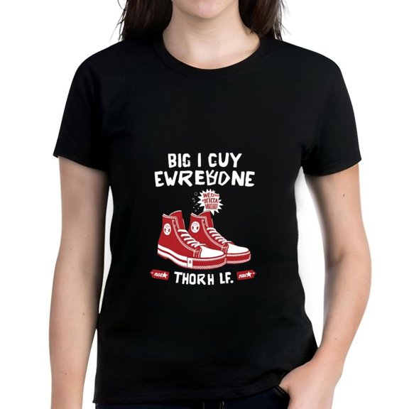 Playful Cotton Short Sleeve T-Shirt with Graphic Design of Red High - Top Sneakers and Fun Speech Bubble