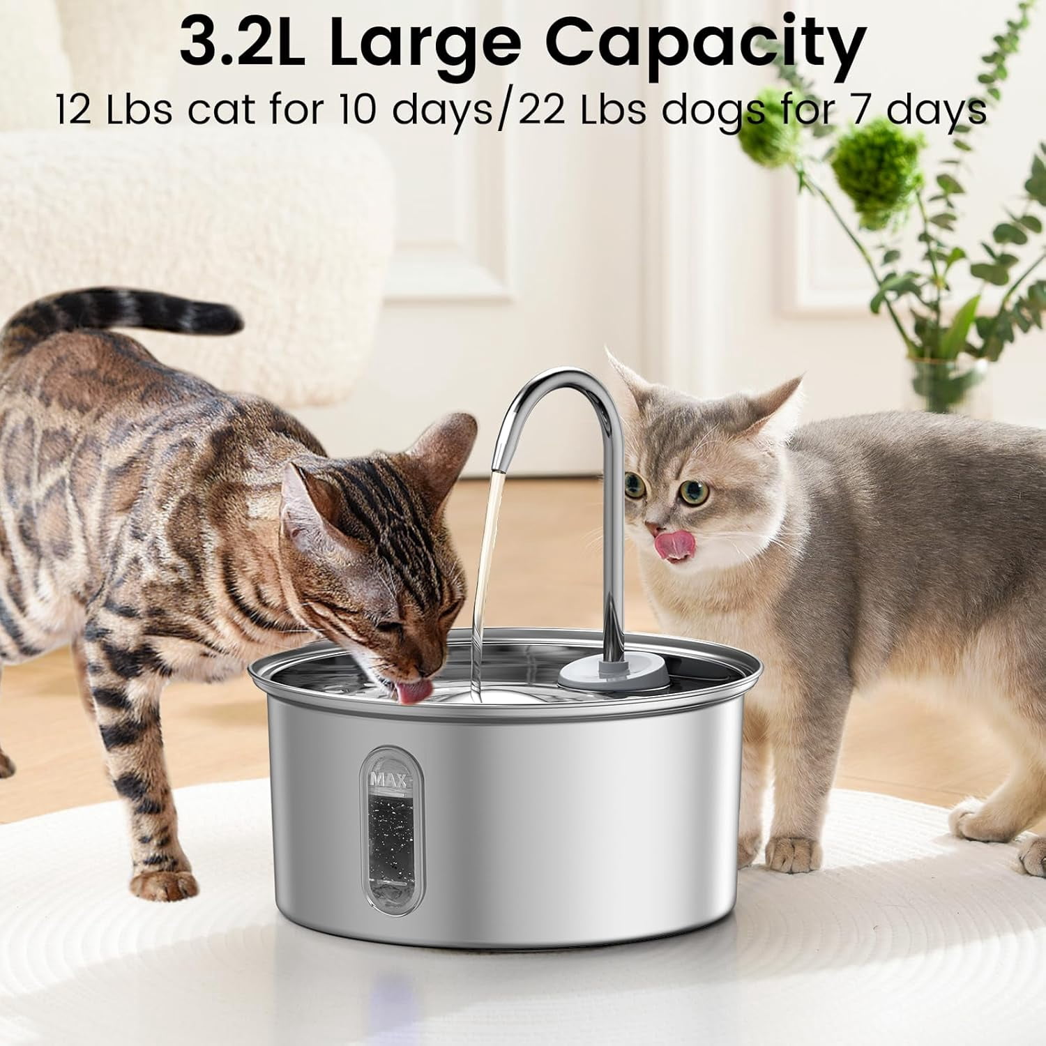 Petlipo Cat Water Fountain Stainless Steel, 108oz/3.2L Cat Fountain for Drinking, Pet Fountain Water Bowl Dog Drinking Dispenser, Super Quiet Kitty Spout with 4 Filters 4 Sponges (One in Filter Tray)