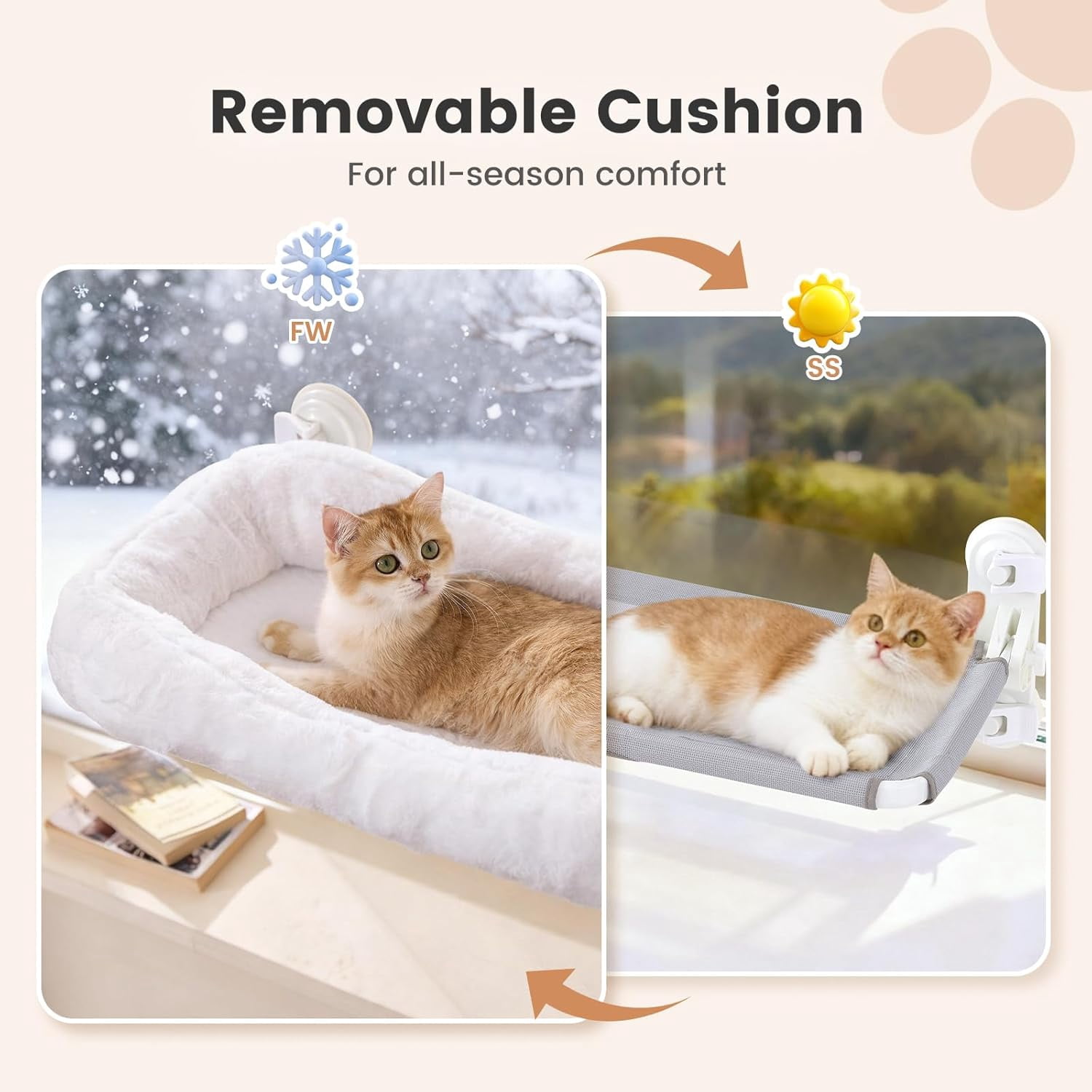 Cat Window Perch for Large Cats with 4 Suction Cups, 2 in 1 Cat Hammock with Detchable Cushion for 55Lbs Load