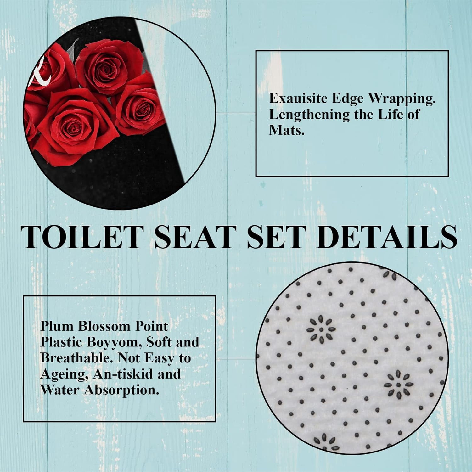 Red Rose Shower Curtain Sets, Thankful Grateful Blessed Bathroom Curtain with Non-Slip Rug, Toilet Lid Cover, Bath Mat and 12 Hooks, Romantic Showy Floral Wedding Decor for Bath