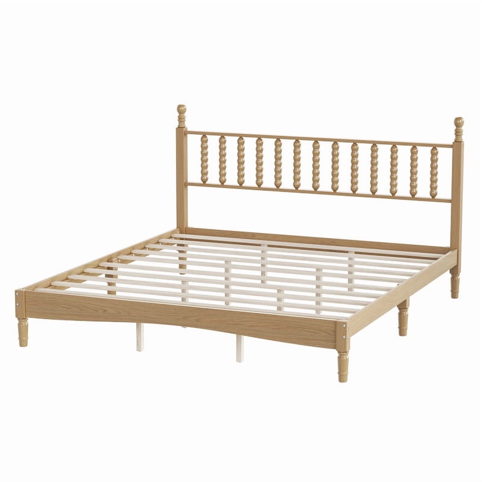 Mid-Century Modern King Size Wood Platform Bed with Gourd Shaped Headboard, Retro Style Low Profile Bed Frame with Slats Support