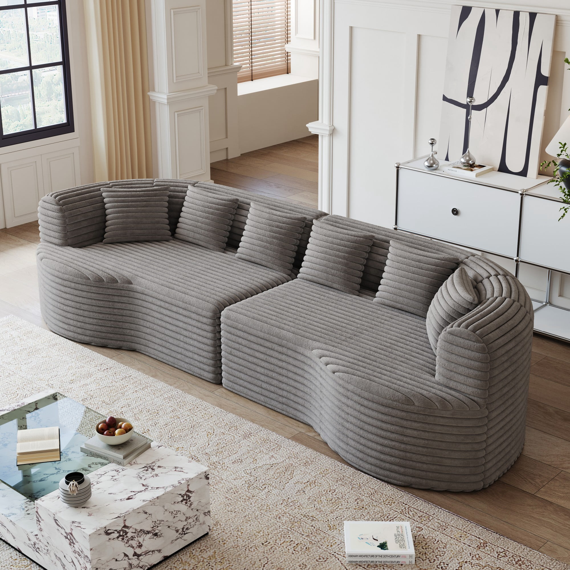 106" Oversized Sectional Sofa,Modern Corduroy Memory Foam Sofa Cloud Sofa with Deep Seat for Living Room,Grey