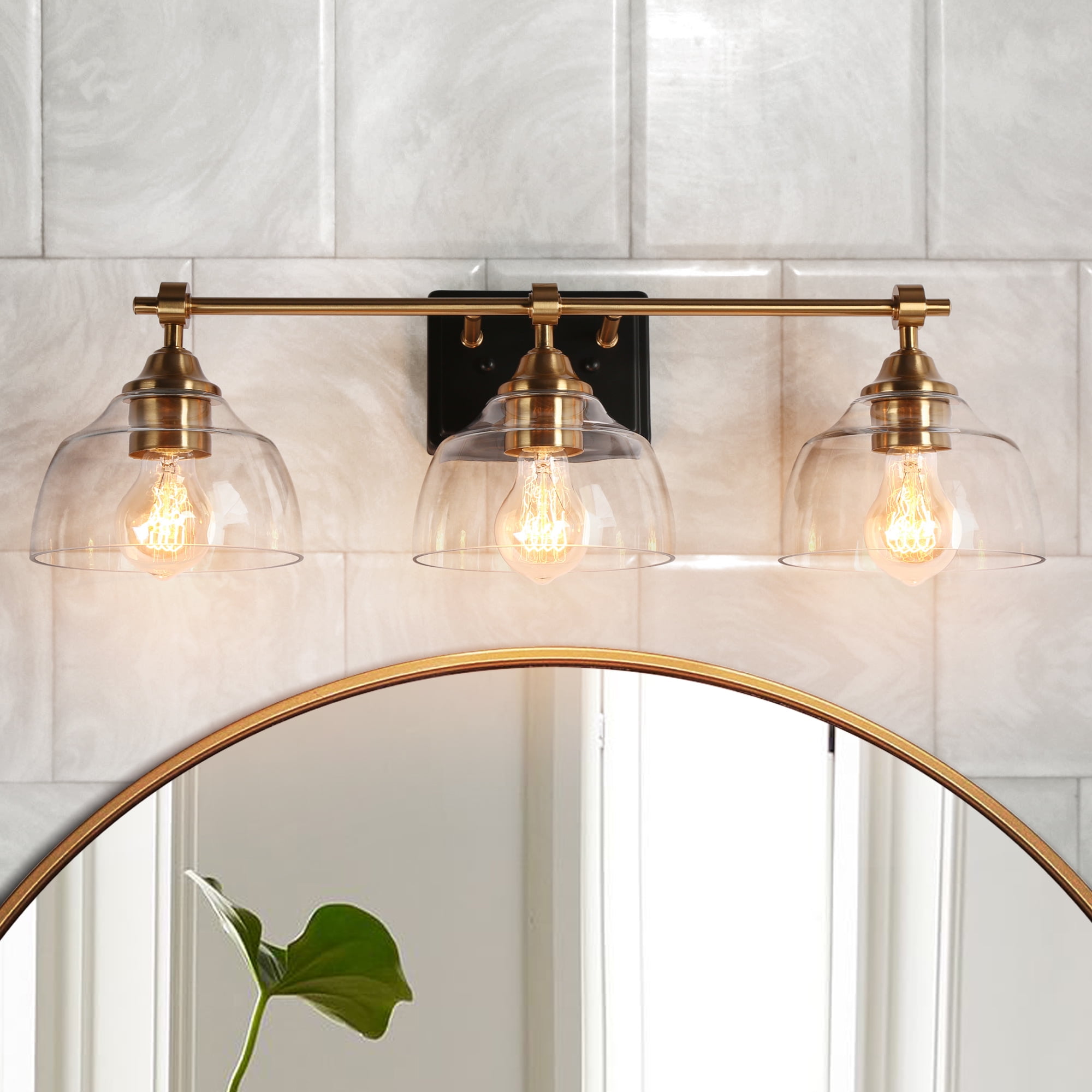 LNC 3-Light Bathroom Vanity Light in Matte Black and Gold with Clear Glass Dome Shades