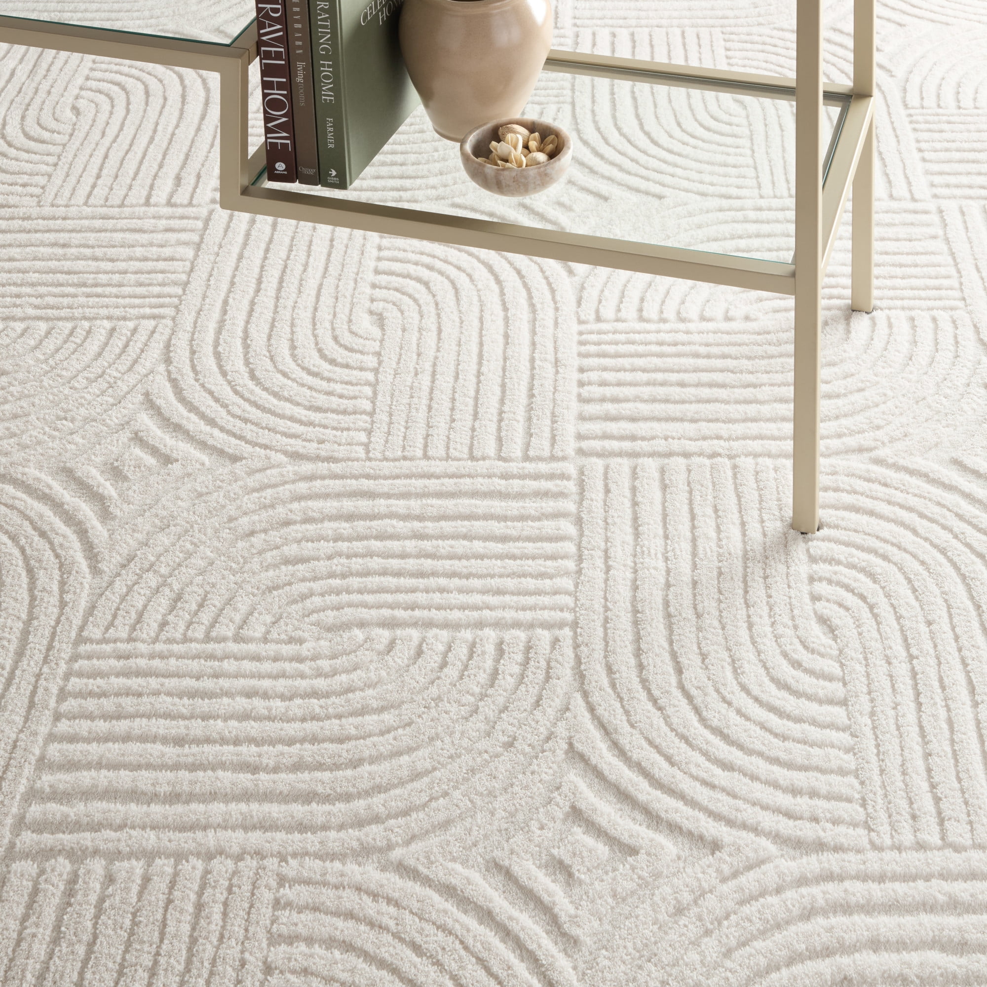 TOWN & COUNTRY EVERYDAY Stone Geo Curve Soft Felt Everwash®, Machine Washable Area Rug with Non-Slip Backing, Geometric Rug, Ivory, 1'7"x2'11"