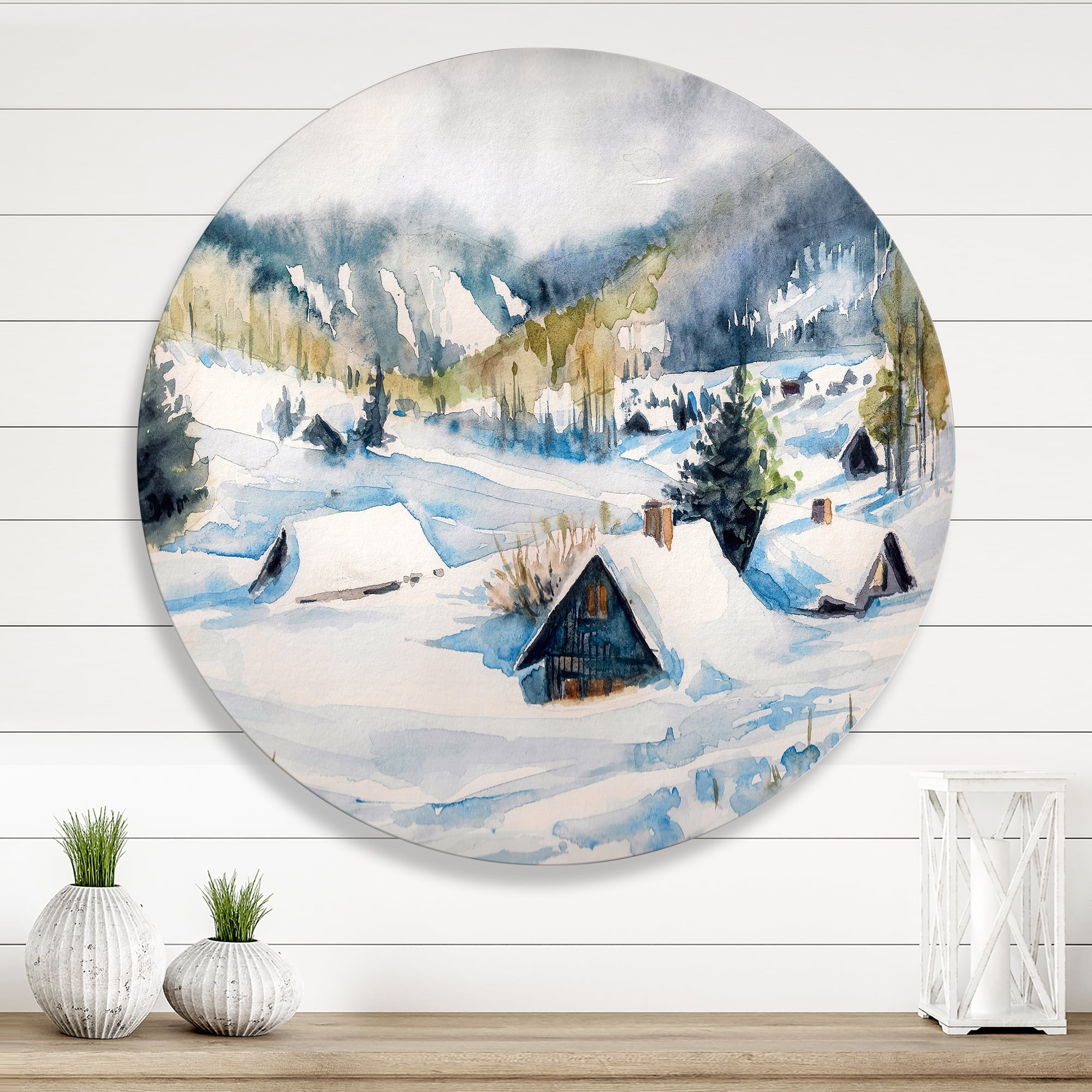 Designart 'Winter In Mountain Village' Traditional Circle Metal Wall Art 23x23 - Disc of 23