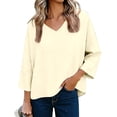 thumbnail image 2 of ShaoRunShi 3/4 Sleeve Tops for Women Loose Fit V Neck Tunic Shirts Summer Curve Hem Boxy T-Shirt, 2 of 9