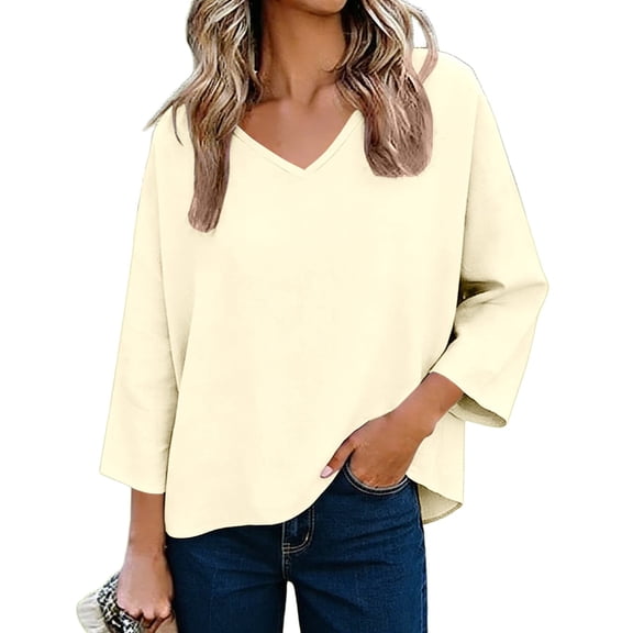 Besolor 3/4 Length Sleeve Womens Tops V Neck Casual Loose T-Shirt Summer Lightweight Thin Solid Color Basic Tees Top